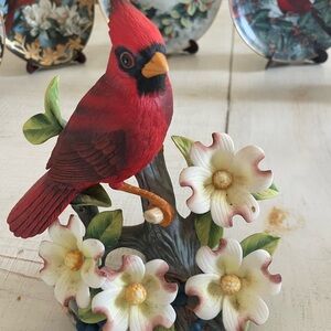 Red Cardinal Figurine with Flowers